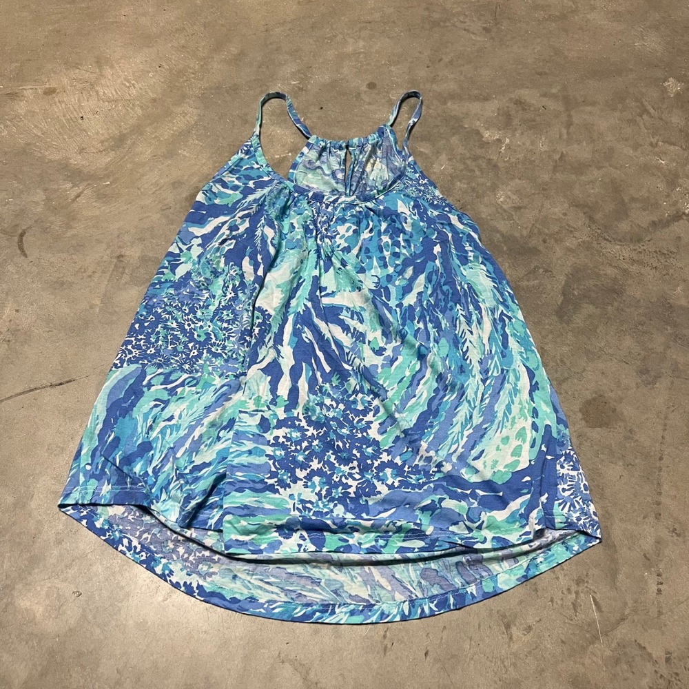 Lilly Pulitzer Florin Pima Cotton Modal Tank Top Blue Abstract Floral M 002322